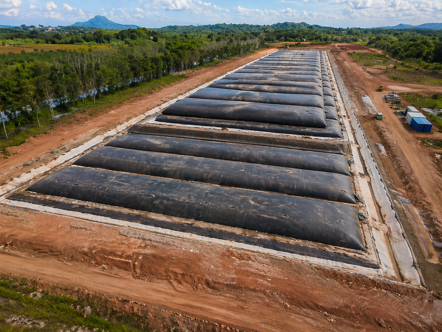 Concept illustration of geotextile containers arranged across a tailings storage footprint